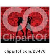 Clipart Illustration Of Two Black Silhouetted Women Dancing Over A Retro Red Dotted Background