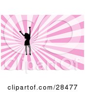 Poster, Art Print Of Black Silhouetted Woman Dancing With Her Arms In The Air Over A Bursting White And Pink Background