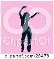 Clipart Illustration Of A Black Silhouetted Woman Dancing With White Stars Circling Around Her Over A Pink Background