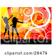 Poster, Art Print Of Two Black Silhouetted Women Dancing Over A Gradient Orange And Red Background With White Spirals And Curls
