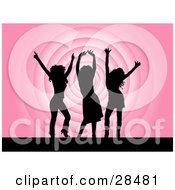 Poster, Art Print Of Three Black Silhouetted Women Dancing Over A Pink Repeating Circle Background