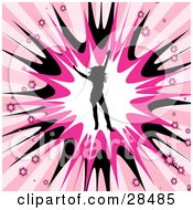 Clipart Illustration Of A Black Silhouetted Woman Dancing In A Burst Of White Pink And Black Surrounded By Smaller Bursts On A White And Pink Background