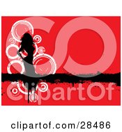 Poster, Art Print Of Black Silhouetted Woman On A Black Grunge Bar Over A Red Background With White Circles