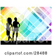 Poster, Art Print Of Two Black Silhouetted Women Standing Over A Retro Colorful Background With White Lines