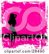 Clipart Illustration Of A Black Silhouetted Woman Kneeling On A Black Grunge Bar Bordered By White Over A Pink Background With Plants
