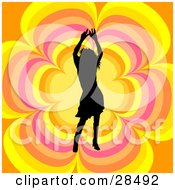Poster, Art Print Of Black Silhouetted Woman Dancing Over An Orange Yellow And Pink Floral Background