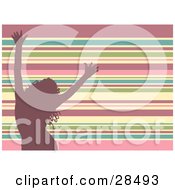Clipart Illustration Of A Pink Silhouetted Woman Dancing Over A Horizontal Striped Pink Blue Green And White Background
