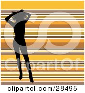Poster, Art Print Of Sexy Black Silhouetted Woman Holding Up Her Hair And Standing Over A Horizontal Striped Orange Brown And White Background