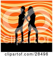 Poster, Art Print Of Two Black Silhouetted Women In Heels Standing Over A Wavy Orange Background