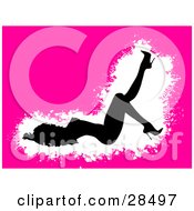 Clipart Illustration Of A Sexy Black Woman In Silhouetted Laying On The Ground And Kicking Up Her Foot Over A White And Pink Background