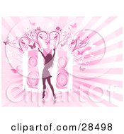 Clipart Illustration Of A Silhouetted Woman Dancing In Front Of Giant Speakers With Vines And Butterflies On A Bursting Pink And White Background