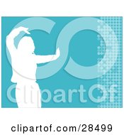 Clipart Illustration Of A White Silhouetted Woman Dancing Over A Blue Background With Circles Along The Right Edge