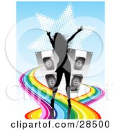 Clipart Illustration Of A Black Silhouetted Woman Dancing In Front Of Two Speakers With Sound Waves Of Rainbows Over A Blue Background With A White Star