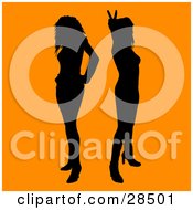 Poster, Art Print Of Two Black Silhouetted Women Standing Over An Orange Background