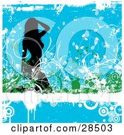 Poster, Art Print Of Sexy Black Silhouetted Woman Kneeling In Green And White Vines Over A Dripping White Grunge Bar Over Blue