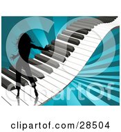 Clipart Illustration Of A Black Silhouetted Woman Dancing On A Keyboard Over A Bursting Blue Background