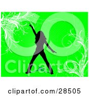 Poster, Art Print Of Black Silhouetted Woman Dancing Over A Green Background With White Vines