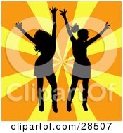 Poster, Art Print Of Two Black Silhouetted Women Dancing Over A Bursting Orange And Yellow Background