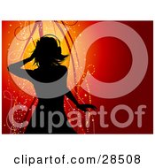 Clipart Illustration Of A Black Silhouetted Woman Wearing Headphones And Dancing Over A Red Background With Sparkles And Ribbons by KJ Pargeter
