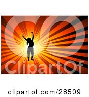 Clipart Illustration Of A Black Silhouetted Woman Dancing Over A Burst Of Bright Light On An Orange Background