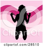 Poster, Art Print Of Sexy Back Silhouetted Woman Kneeling And Taking Off Her Shirt Stripping Over A Wavy Pink Background