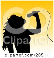 Poster, Art Print Of Black Silhouetted Woman Tilting Her Head Back And Singing Into A Microphone Over A Gradient Yellow Background
