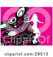 Clipart Illustration Of A White Silhouetted Woman Dancing On A Wave Of Retro Pink Black And White Circles Over A Pink Background