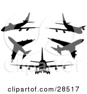 Set Of Five Black Silhouetted Airliner Planes