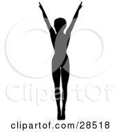 Clipart Illustration Of A Black Silhouetted Female Gymnast Standing Tall And Holding Her Arms Up