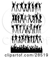 Set Of Black Silhouetted People In Different Dance Poses With A Crowd Waving Their Arms