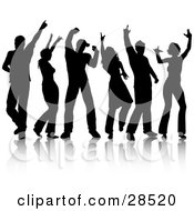 Poster, Art Print Of Group Of Six Black Silhouetted People Friends Dancing With A Reflection Over White