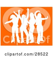 Clipart Illustration Of A Group Of Four White Silhouetted Women Dancing Over An Orange Background