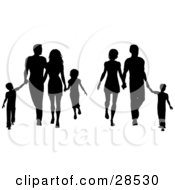 Two Black Silhouetted Families With Children And Parents Walking And Holding Hands