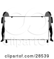 Clipart Illustration Of Two Silhouetted Women Holding A Big Blank White Sign by KJ Pargeter