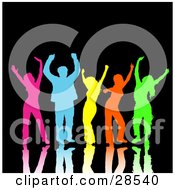 Diverse Group Of Colorful Pink Blue Yellow Orange And Green Men And Women Dancing With Reflections Over Black