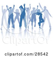 Clipart Illustration Of A Group Of Eight Blue Silhouetted People Dancing At A Party With A Reflection Over White