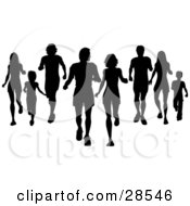 Clipart Illustration Of Black Silhouetted Families Jogging And Walking Together