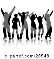 Six Black Silhouetted Adults Dancing With Reflections Over White
