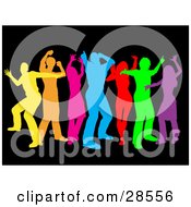 Poster, Art Print Of Group Of Colorful Yellow Orange Pink Blue Red Green And Purple Dancers Over Black
