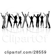 Clipart Illustration Of A Group Of Nine Black Silhouetted People Dancing With Reflections Over A White Background