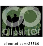 Clipart Illustration Of Three Black Silhouetted People Standing On A Green Background With Splatters And A Black Grunge Border