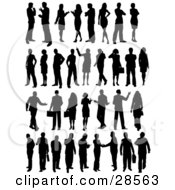 Clipart Illustration Of A Set Of Business Men And Women In Different Poses Silhouetted In Black Over White by KJ Pargeter