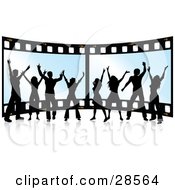 Poster, Art Print Of Happy Group Of Eight Black Silhouetted People Standing In Front Of A Giant Film Strip