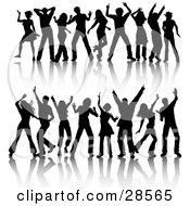 Clipart Illustration Of Two Sets Of Black Silhouetted Dancers With Reflections
