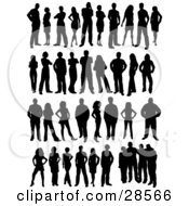 Clipart Illustration Of A Set Of Men And Women In Different Poses Silhouetted In Black Over White