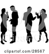 Poster, Art Print Of Four Black Silhouetted Men And Women Having Business Conversations Over White