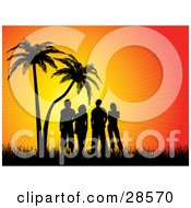 Clipart Illustration Of Four Black Silhouetted People Standing In Grass Under Palm Trees And Watching An Orange Tropical Sunset