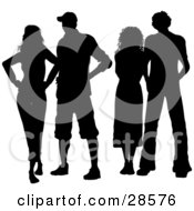 Clipart Illustration Of Two Young Couples Standing Silhouetted In Black With A White Background