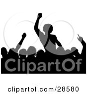 Clipart Illustration Of Silhouetted People In An Audience Waving Their Hands In The Air Over White