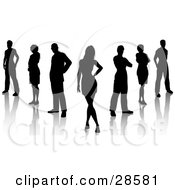 Clipart Illustration Of A Group Of Seven Professional Business Colleagues Silhouetted In Black With Reflections Over White by KJ Pargeter